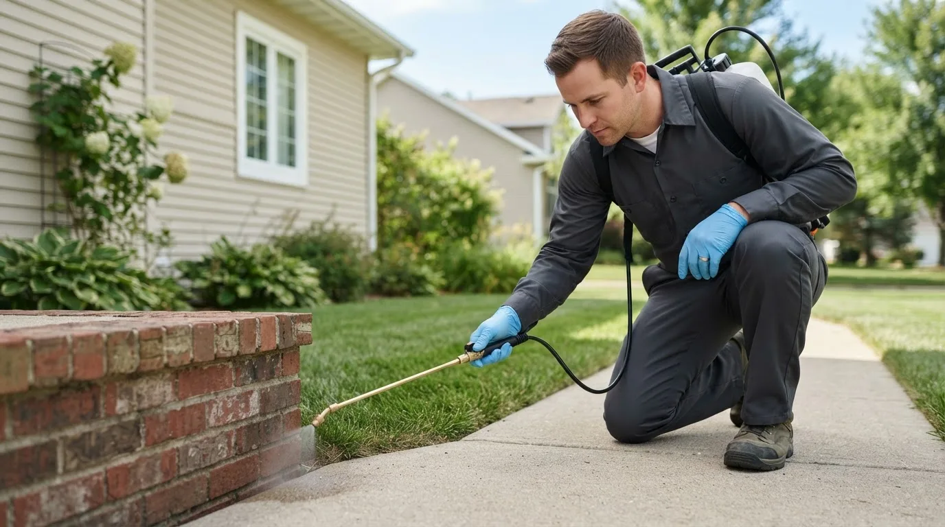 Pest control technician treating a home near Belleville, IL